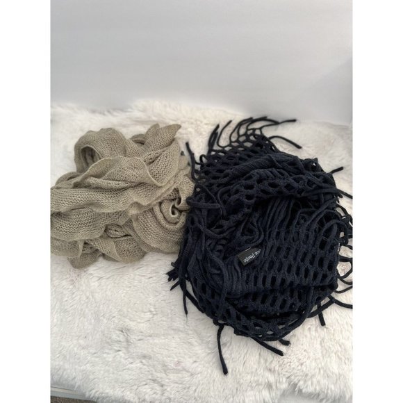 Infinity Scarf Set Of 2 Scarves Blue Brown Neutral Soft Acrylic Fringe Ruffle OS - Picture 1 of 5